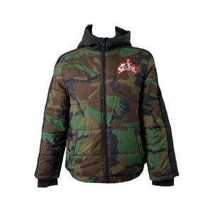 Boy’s Large Puffer Jacket Jordan Green Camouflage Hooded Pockets Full Zip